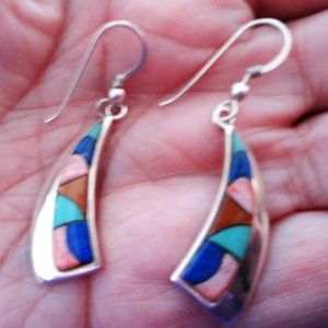 VTG Native American Sterling Silver Multi Stone Inlay Dangle Drop Earrings